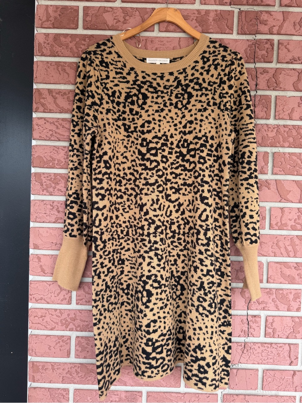 Leopard Print Long Sleeve Knit Dress - Camel/Black
